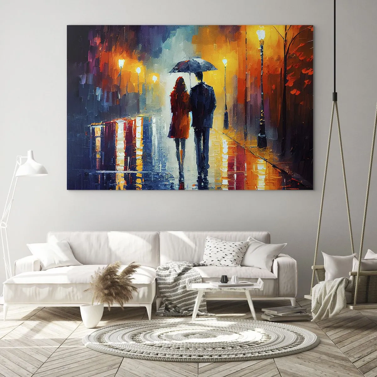 Glasbild - Bild auf glas - Ein Paar unter einem Regenschirm auf einer farbenfrohen Nachtstraße im Regen. - 120x80cm - Gemeinsam – eine bunte Nacht - Moderne Wanddekoration für Wohnzimmer und Schlafzimmer ARTTOR