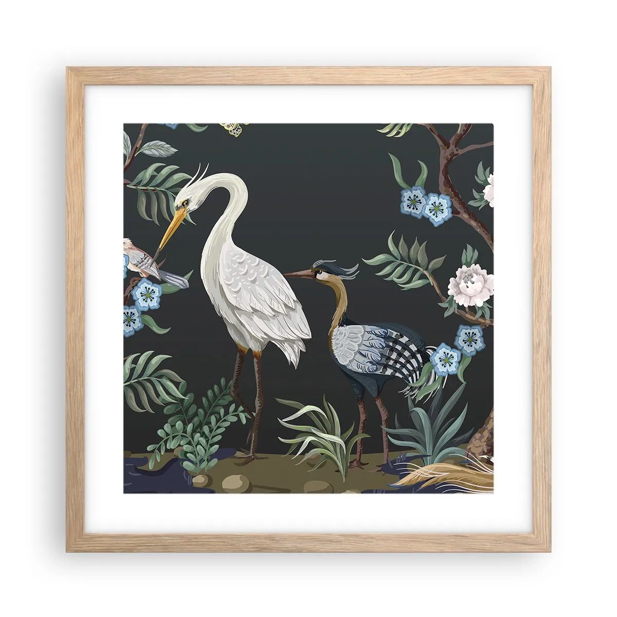 Poster in einem Rahmen aus heller Eiche - Vogelparade - 40x40 cm