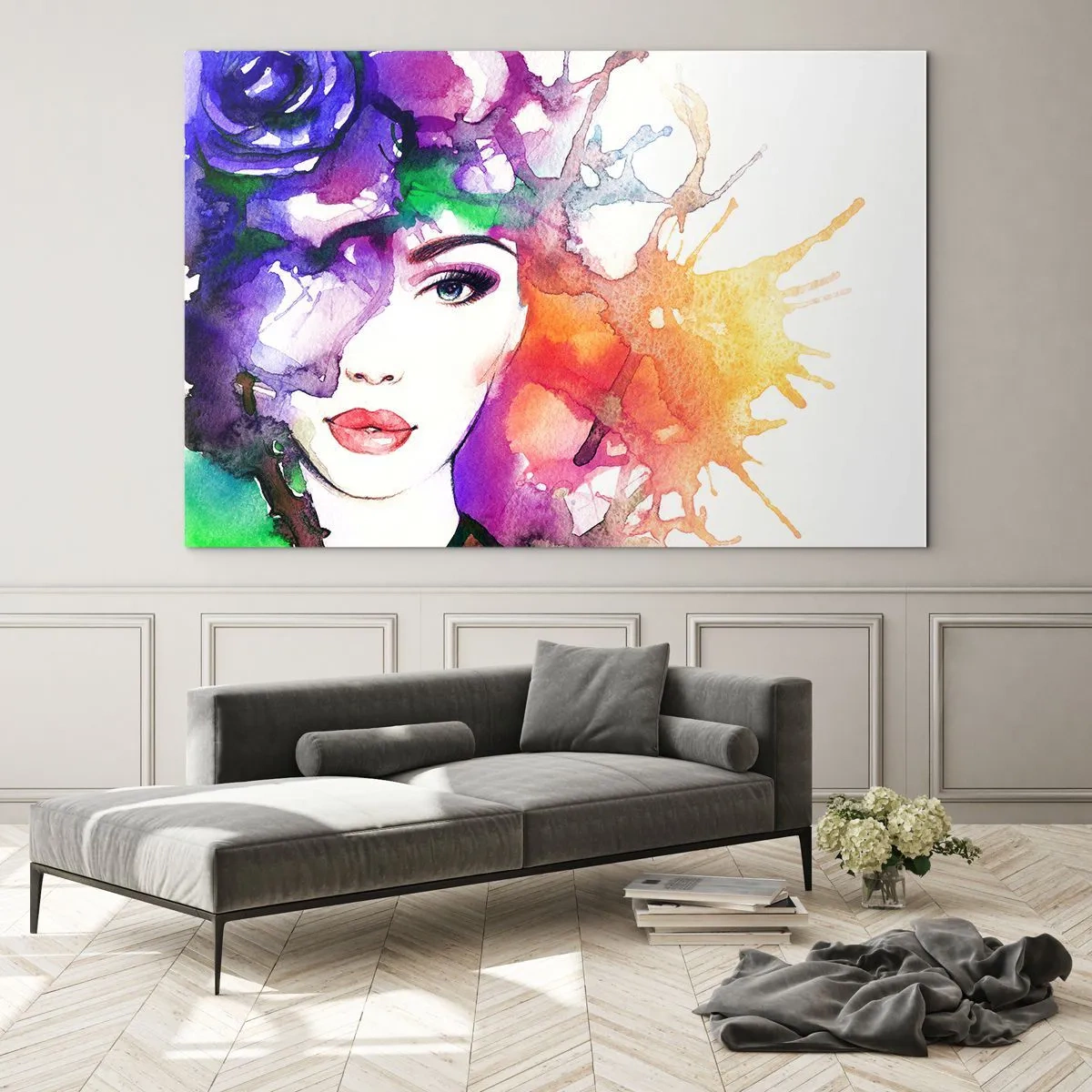 Glasbild - Bild auf glas - Eine Frau mit unscharfem, buntem Hintergrund im Aquarellstil - 70x50cm - Mit dem Kopf in den Wolken - Moderne Wanddekoration für Wohnzimmer und Schlafzimmer ARTTOR