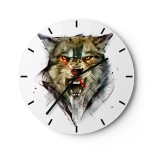 Wanduhr - Glasuhr - Ein künstlerisches Porträt eines Wolfes mit intensivem Blick vor weißem Hintergrund. - 30x30cm - Kein Schritt näher! - Moderne Wanddekoration für Wohnzimmer, Küche und Schlafzimmer ARTTOR