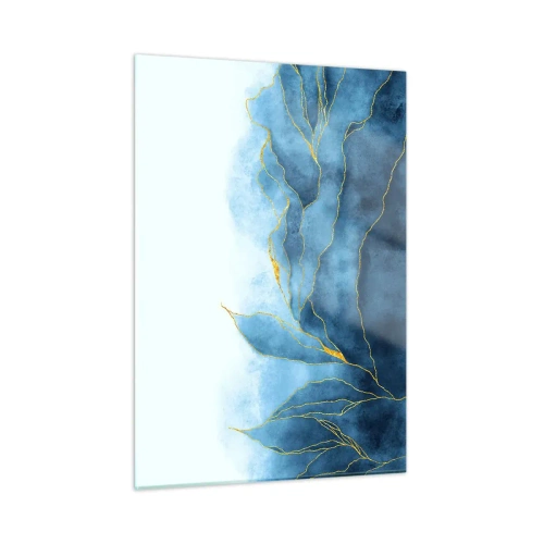 Glasbild - Bild auf glas - Abstrakte blaue Formen mit zarten goldenen Linien. - 50x70cm - Blau im Gold - Moderne Wanddekoration für Wohnzimmer und Schlafzimmer ARTTOR