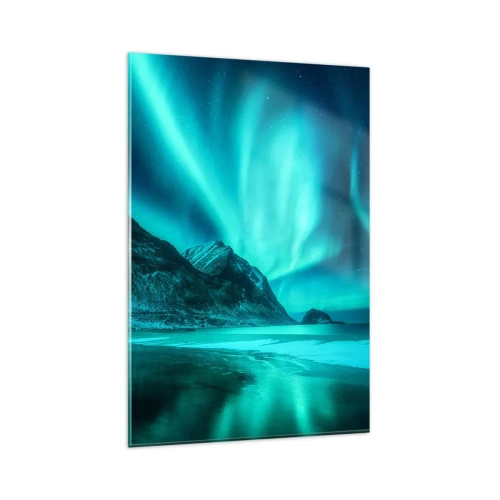 Glasbild - Bild auf glas - Aurora Borealis über einer bergigen Winterlandschaft - 80x120cm - Wunder des Nordens - Moderne Wanddekoration für Wohnzimmer und Schlafzimmer ARTTOR