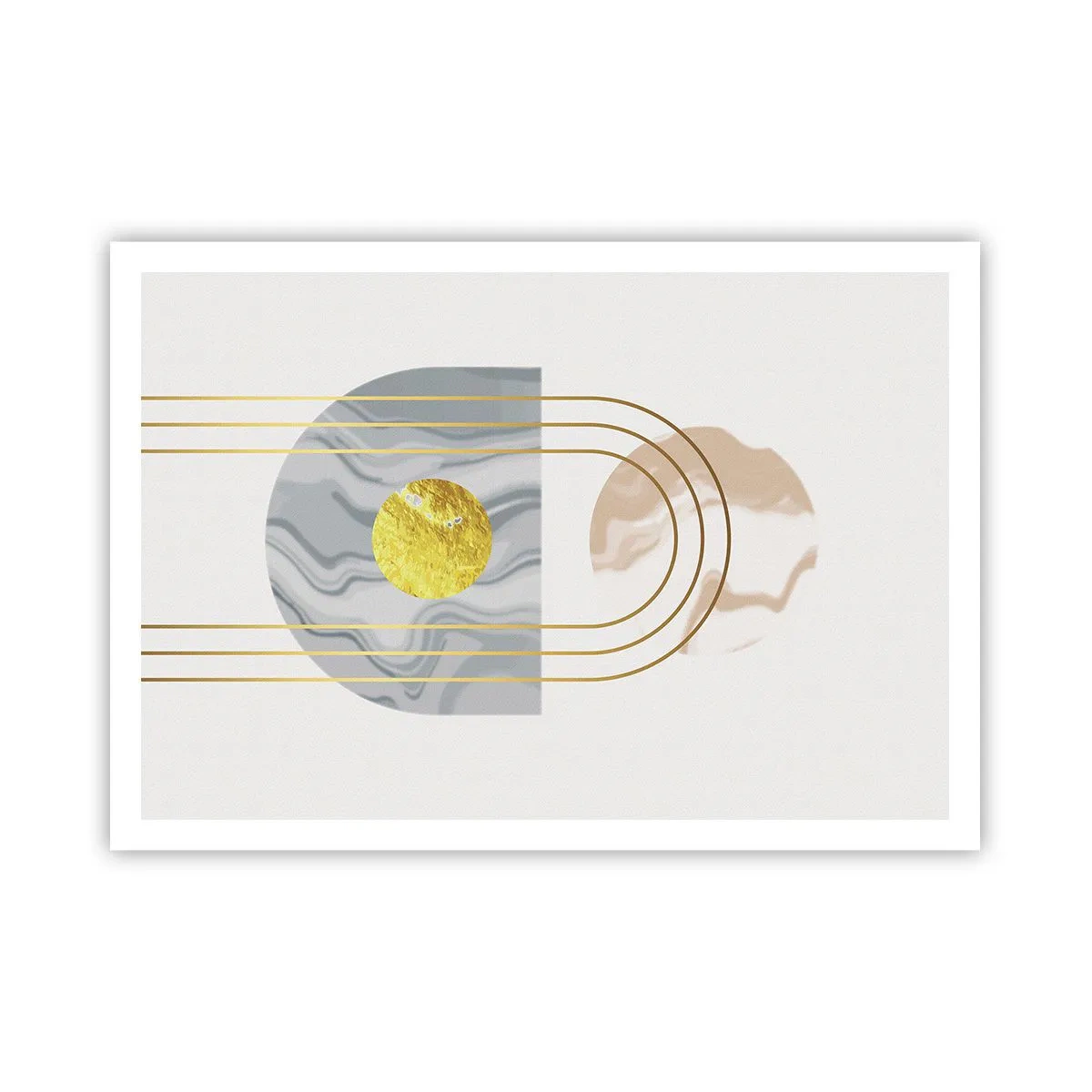 Poster - Abstrakte Komposition mit Kreisen und goldenen Linien auf hellem Hintergrund. - 100x70cm - Helligkeit und Brillanz - Moderne Wanddekoration für Wohnzimmer und Schlafzimmer ARTTOR