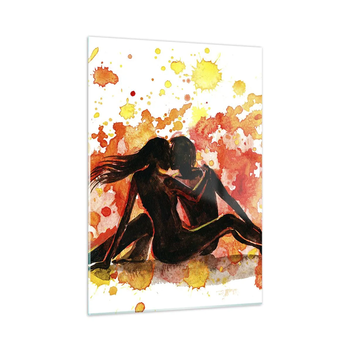 Glasbild - Bild auf glas - Silhouette eines Paares vor einem Hintergrund aus bunten Aquarellflecken - 50x70cm - Und es war Licht - Moderne Wanddekoration für Wohnzimmer und Schlafzimmer ARTTOR