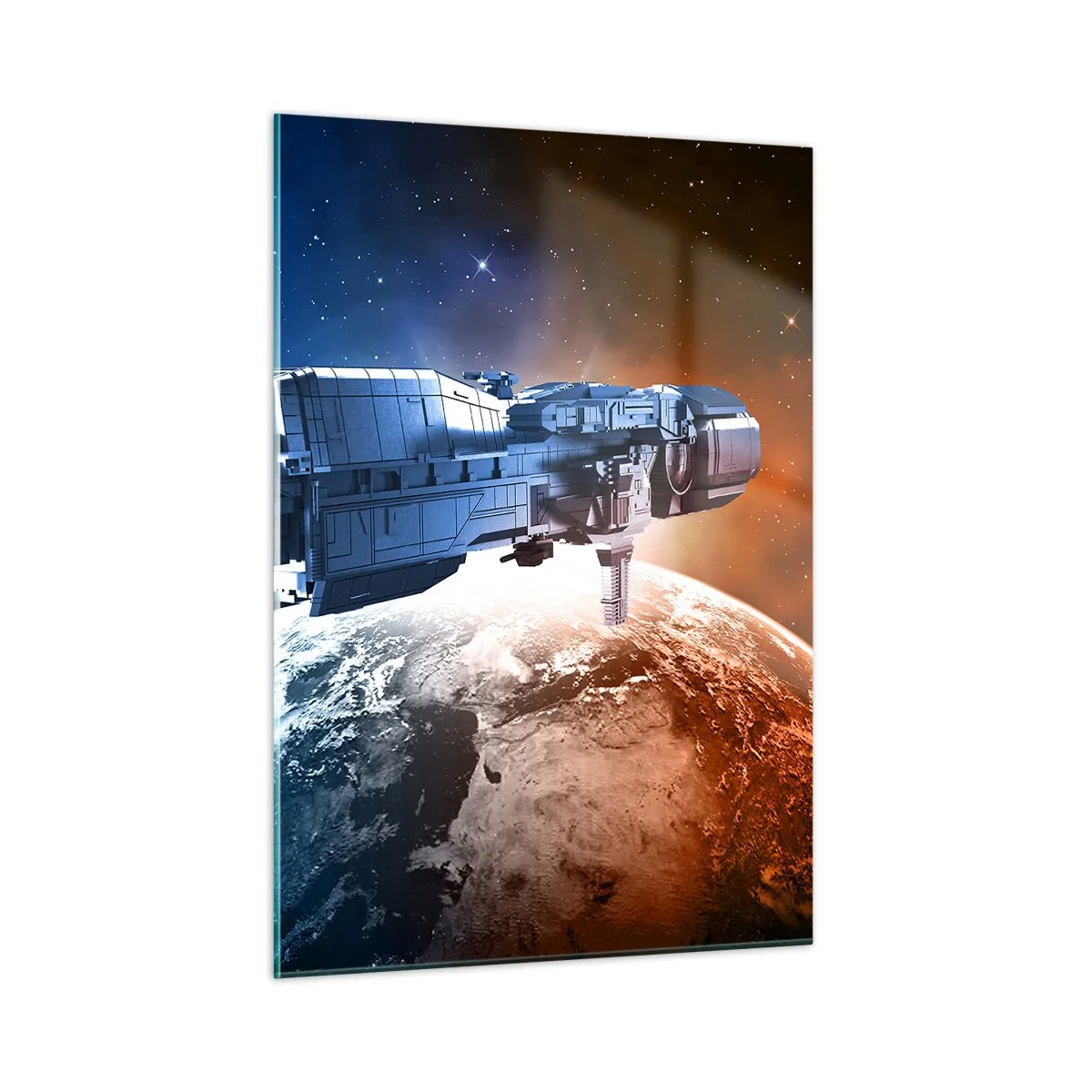 Glasbild - Bild auf glas - Ein Raumschiff, das im Sternenlicht einen Planeten umkreist - 50x70cm - Ein aufmerksamer Beobachter - Moderne Wanddekoration für Wohnzimmer und Schlafzimmer ARTTOR
