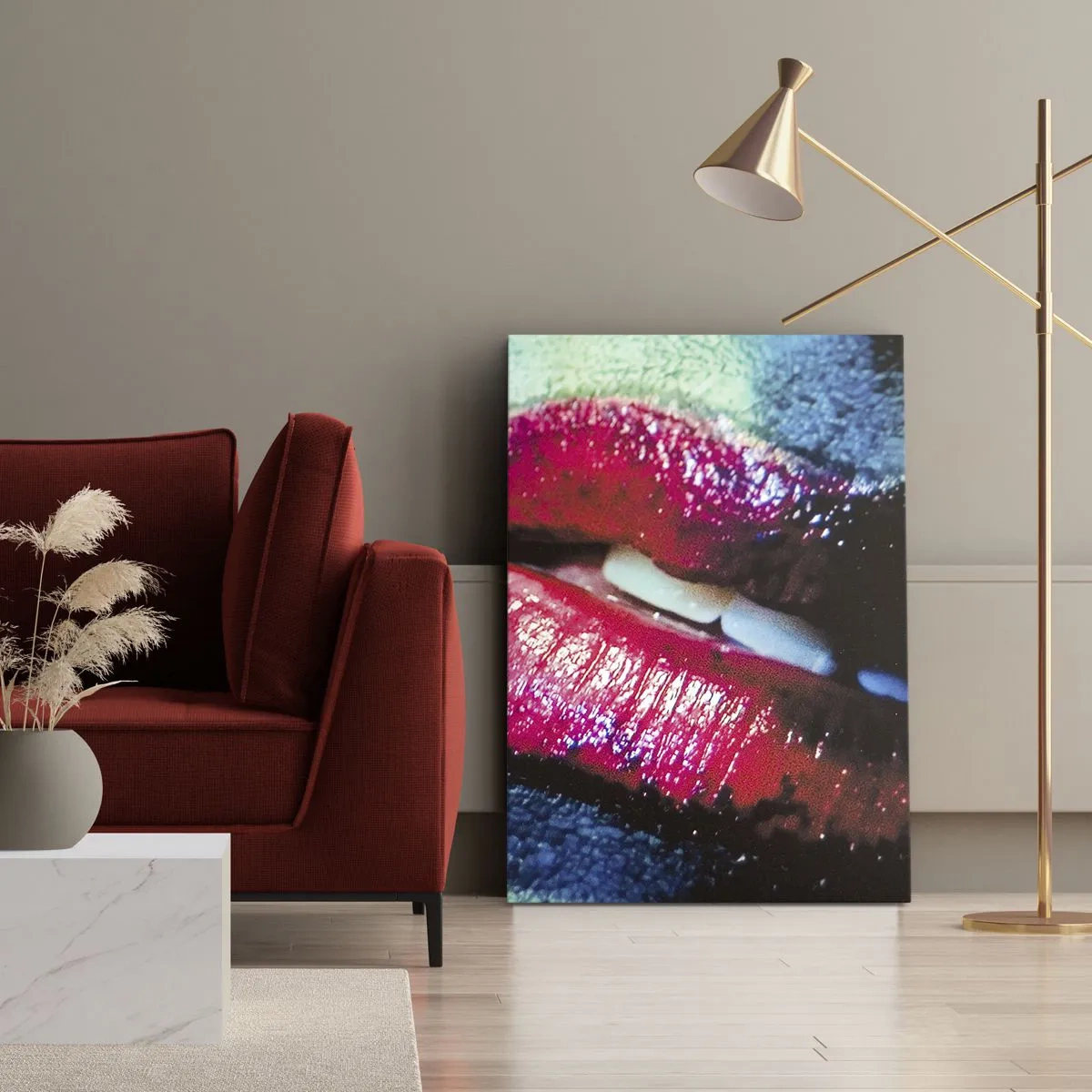 Bild auf Leinwand - Leinwandbild - Nahaufnahme von bunten, glänzenden Lippen vor künstlerischem Hintergrund - 50x70cm - Sinnlich und verstörend - Moderne Wanddekoration für Wohnzimmer und Schlafzimmer ARTTOR