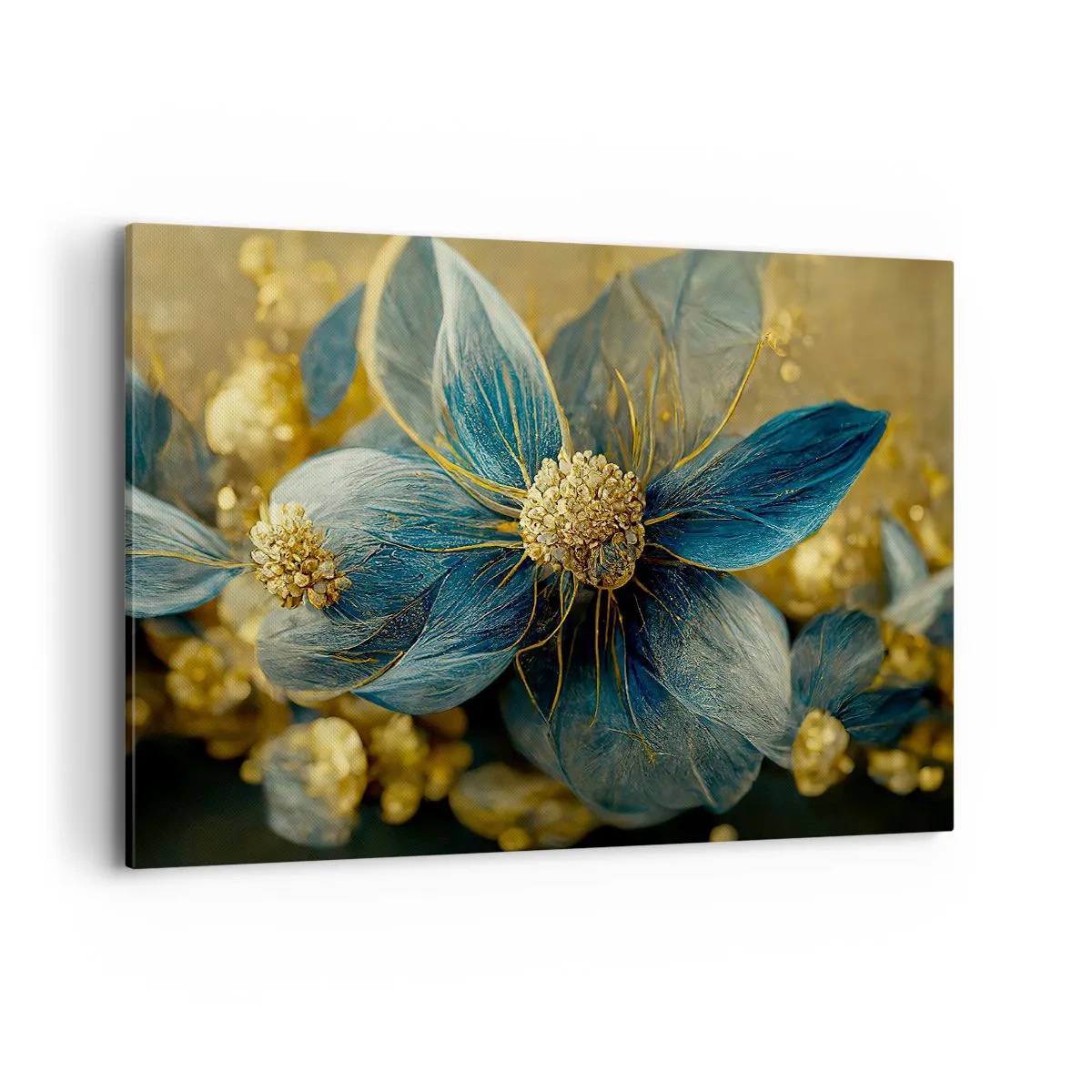 Bild auf Leinwand - Leinwandbild - Elegante Blumen in Blau- und Goldtönen - 120x80cm - Mit Gold blühen - Moderne Wanddekoration für Wohnzimmer und Schlafzimmer ARTTOR