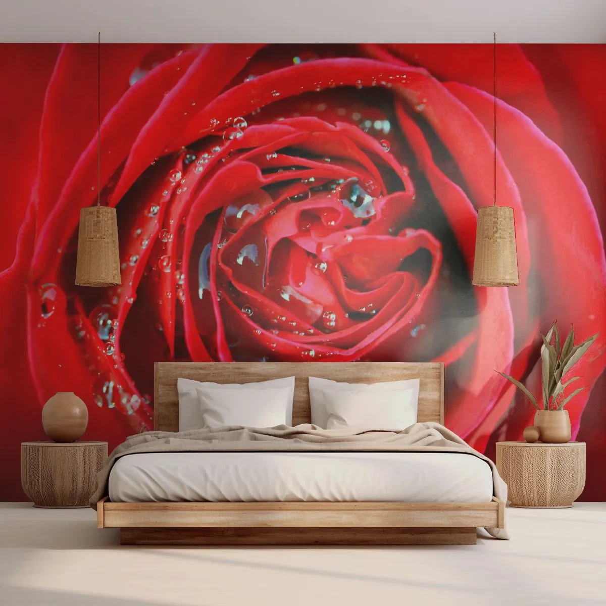 Maßgeschneiderte Fototapete Premium Sand - In den Tautropfen - Blumen, Rote Rose, Liebe