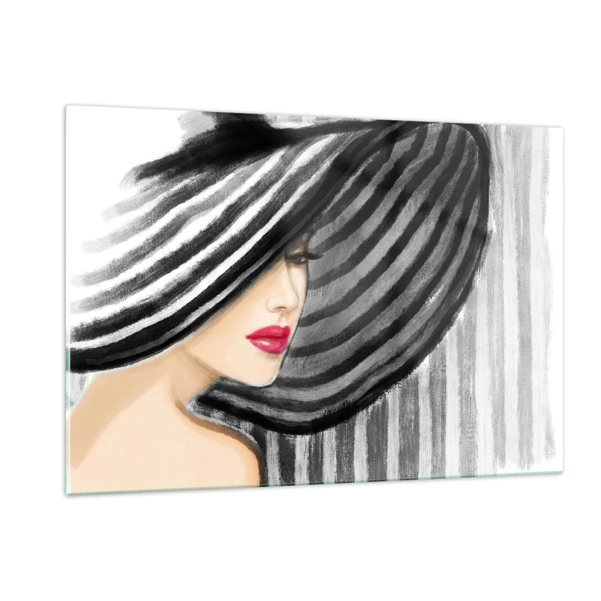 Glasbild - Bild auf glas - Stilvolle Frau mit schwarz-weiß gestreiftem Hut - 120x80cm - Wo soll ich dich finden? - Moderne Wanddekoration für Wohnzimmer und Schlafzimmer ARTTOR