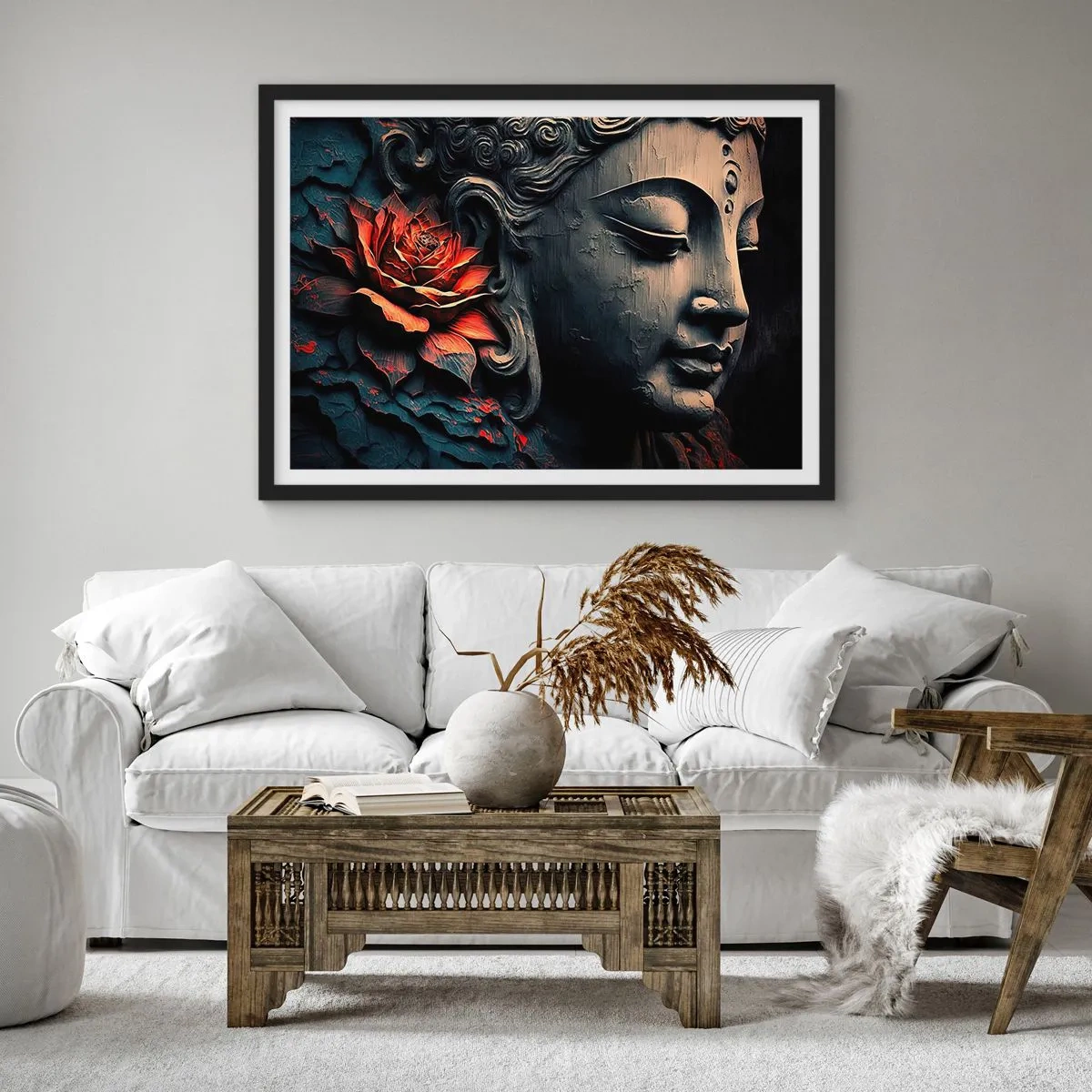 Poster in einem schwarzem Rahmen - Buddha-Skulptur mit einer roten Lotusblüte - 70x50cm - Im Einklang mit der Welt - Moderne Wanddekoration für Wohnzimmer und Schlafzimmer ARTTOR
