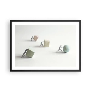 Poster in einem schwarzem Rahmen - Miniaturfiguren, die Formen vor einem hellen Hintergrund schieben - 70x50cm - Pures Leben - Moderne Wanddekoration für Wohnzimmer und Schlafzimmer ARTTOR