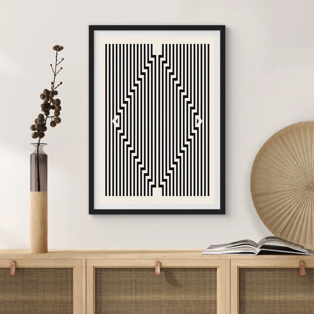 Poster in einem schwarzem Rahmen - Schwarze und weiße Linien erzeugen eine optische Täuschung - 50x70cm - Geometrische Illusion - Moderne Wanddekoration für Wohnzimmer und Schlafzimmer ARTTOR