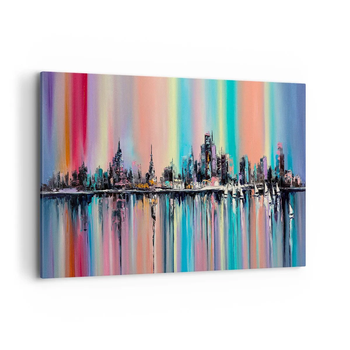 Bild auf Leinwand - Leinwandbild - Buntes Stadtbild mit Spiegelung auf dem Wasser - 120x80cm - Um das Licht der Nacht herunterzufallen - Moderne Wanddekoration für Wohnzimmer und Schlafzimmer ARTTOR