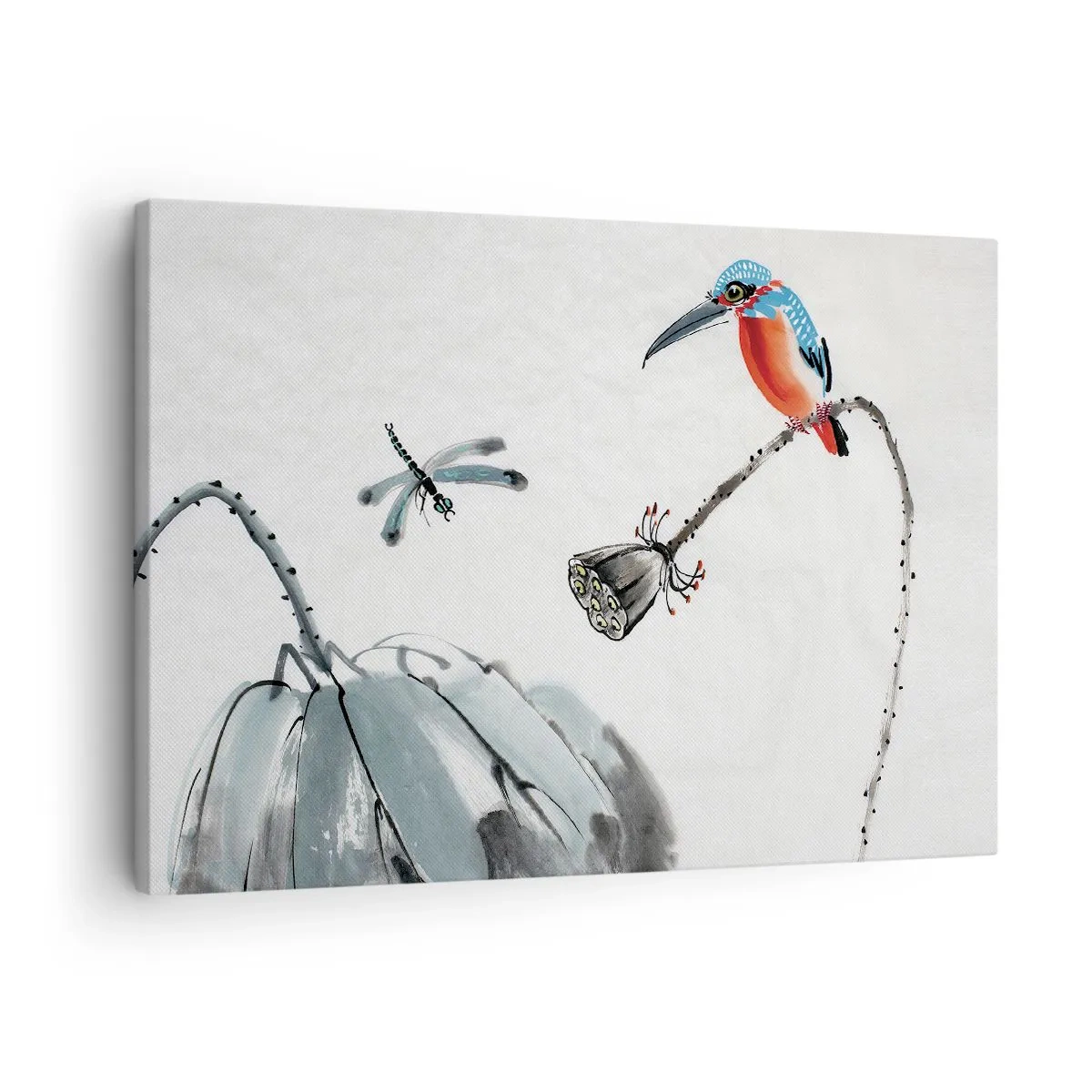 Bild auf Leinwand - Leinwandbild - Ein bunter Vogel vor einem Hintergrund aus Vegetation und einer Libelle - 70x50cm - Das Leben der Wiese - Moderne Wanddekoration für Wohnzimmer und Schlafzimmer ARTTOR