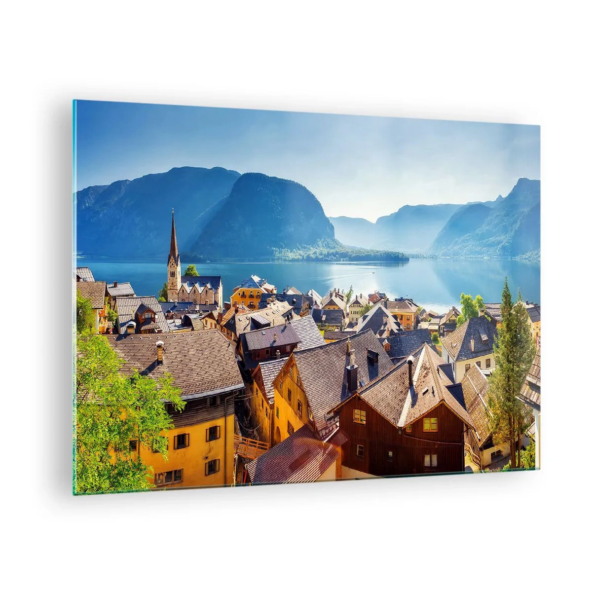 Glasbild - Bild auf glas - Eine malerische Stadt an einem von Bergen umgebenen See - 70x50cm - Es könnte nicht malerischer sein - Moderne Wanddekoration für Wohnzimmer und Schlafzimmer ARTTOR