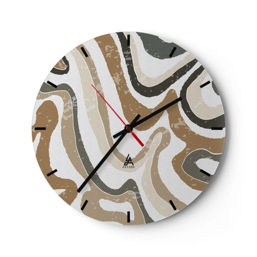Wanduhr - Glasuhr - Mäandernde Streifen in Erdtönen auf weißem Hintergrund - 30x30cm - Mäander in Erdfarben - Moderne Wanddekoration für Wohnzimmer, Küche und Schlafzimmer ARTTOR