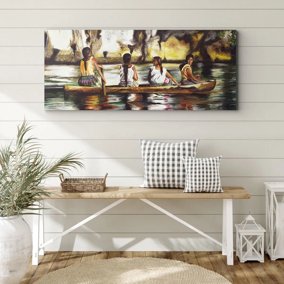 Bild auf Leinwand - Leinwandbild - Frauen in einem Boot auf einem ruhigen Fluss mit malerischer Kulisse - 120x50cm - In einem polynesischen Paradies - Moderne Wanddekoration für Wohnzimmer und Schlafzimmer ARTTOR