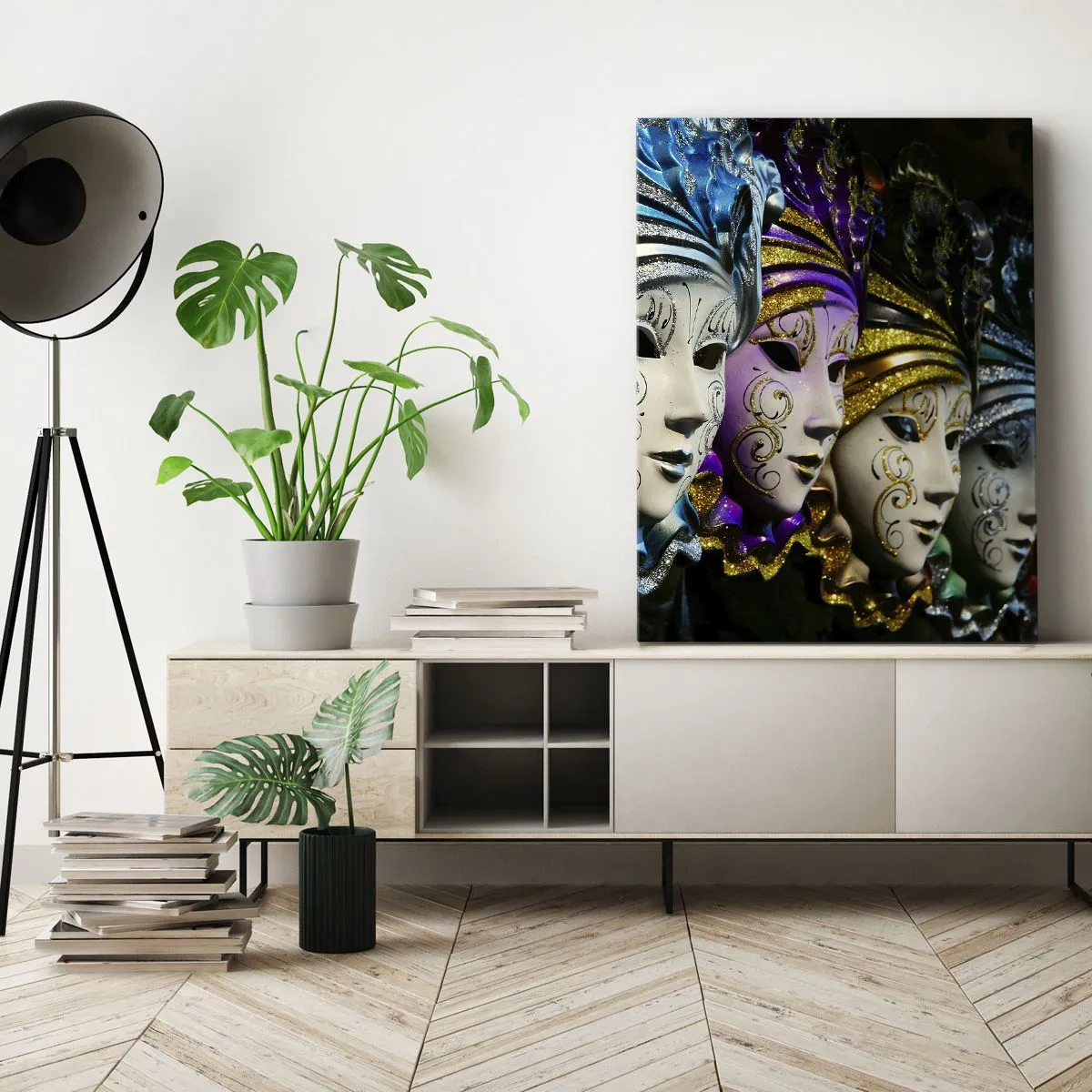 Bild auf Leinwand - Leinwandbild - Venezianische Masken in verschiedenen Farben mit dekorativen Mustern - 50x70cm - Geheimnis in Gold und Silber - Moderne Wanddekoration für Wohnzimmer und Schlafzimmer ARTTOR