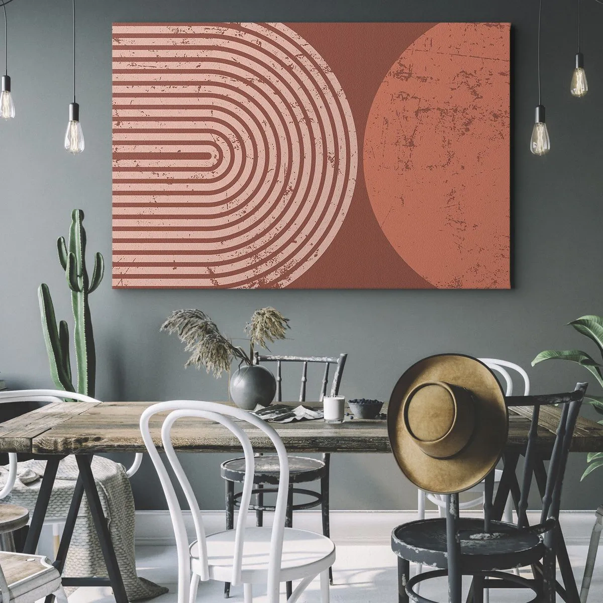 Bild auf Leinwand - Leinwandbild - Geometrische Muster in Terrakotta-Tönen auf Vintage-Hintergrund - 100x70cm - Enge Beziehung - Moderne Wanddekoration für Wohnzimmer und Schlafzimmer ARTTOR