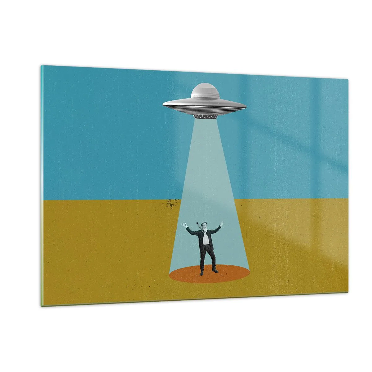 Glasbild - Bild auf glas - Ein Mann im Licht einer Weltraumuntertasse auf buntem Hintergrund - 120x80cm - Nahe Begegnung - Moderne Wanddekoration für Wohnzimmer und Schlafzimmer ARTTOR