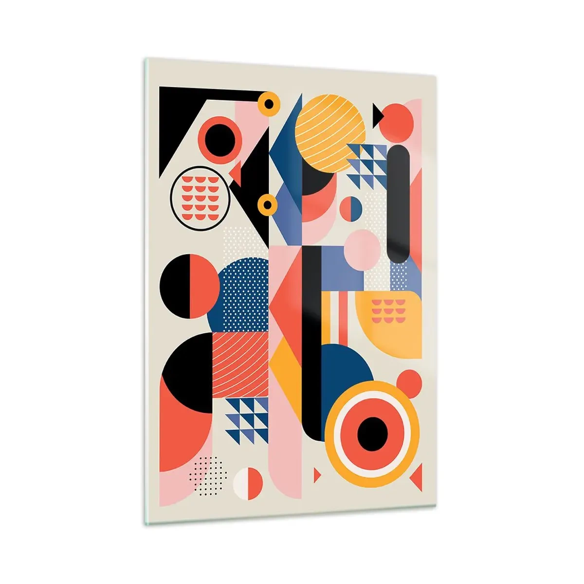 Glasbild - Bild auf glas - Bunte geometrische Abstraktion mit Kreisen und Dreiecken - 50x70cm - Komposition: Na, los, spiel! - Moderne Wanddekoration für Wohnzimmer und Schlafzimmer ARTTOR