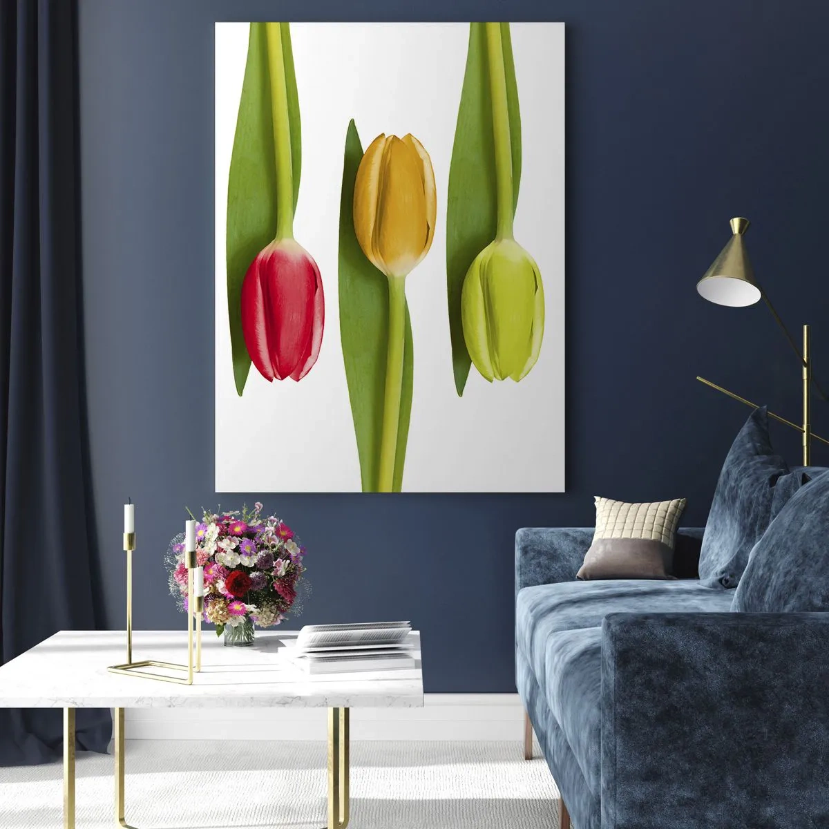 Glasbild - Bild auf glas - Bunte Tulpen in einer Reihe auf weißem Hintergrund angeordnet - 70x100cm - Regenbogenkomposition - Moderne Wanddekoration für Wohnzimmer und Schlafzimmer ARTTOR