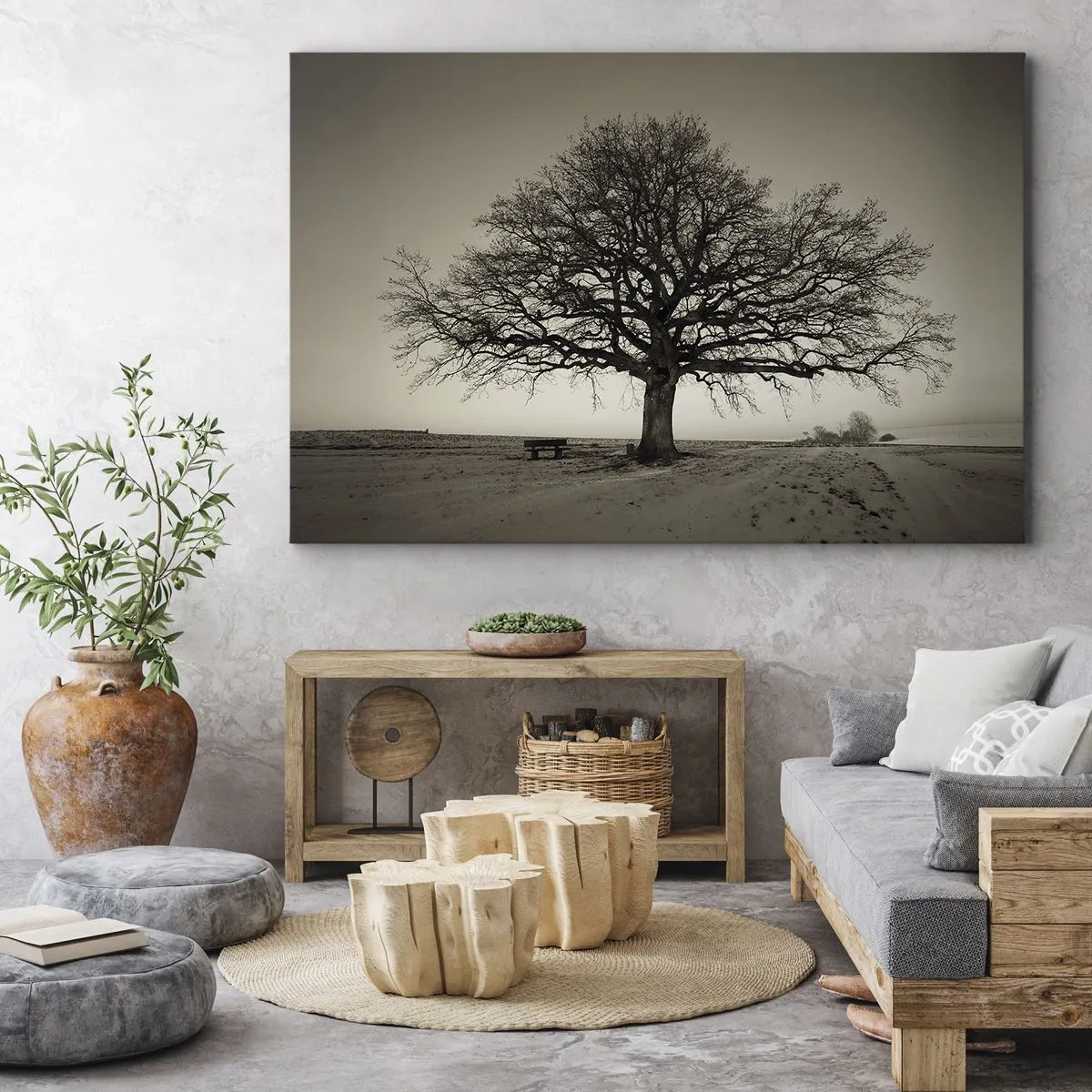Bild auf Leinwand - Leinwandbild - Ein einsamer Baum in einem Sepia-Feld - 100x70cm - Von hier zu Ewigkeit - Moderne Wanddekoration für Wohnzimmer und Schlafzimmer ARTTOR