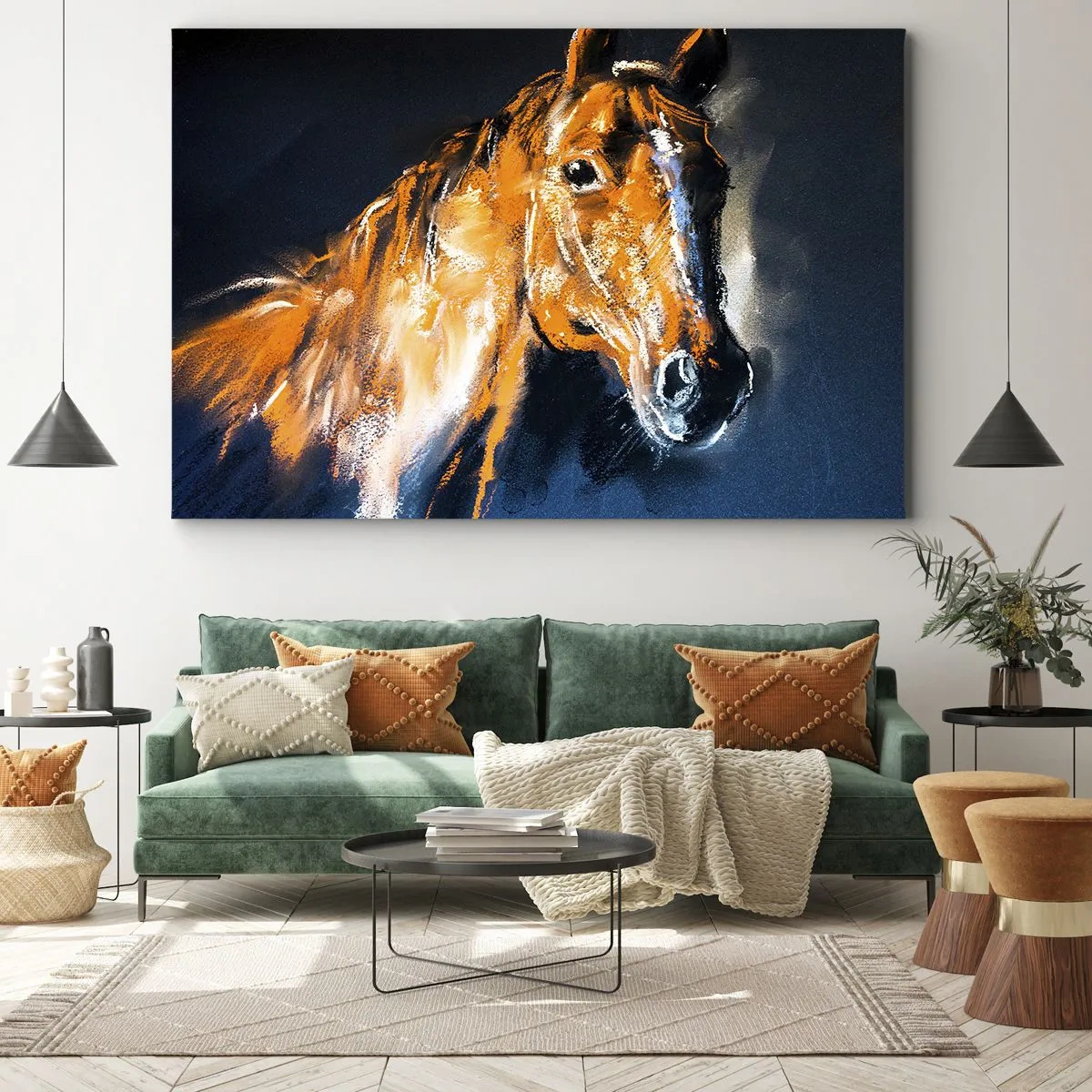 Bild auf Leinwand - Leinwandbild - Porträt eines Pferdes in einem dynamischen, malerischen Stil - 70x50cm - Also was, gehst du? - Moderne Wanddekoration für Wohnzimmer und Schlafzimmer ARTTOR