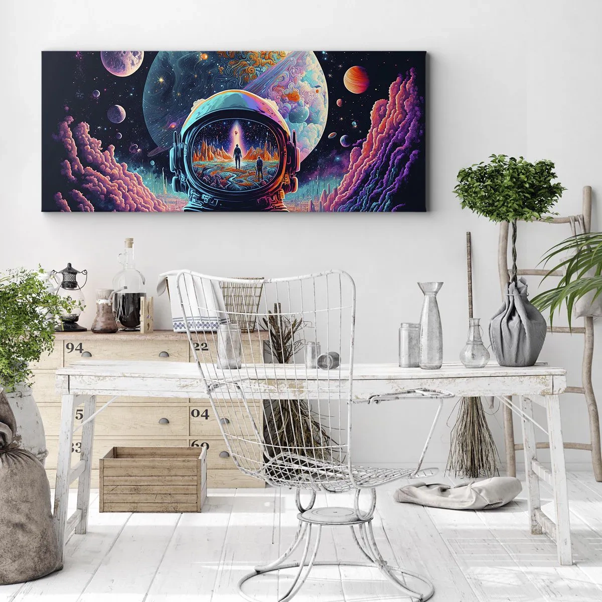 Bild auf Leinwand - Leinwandbild - Astronaut im Weltraum mit einer farbenfrohen Planetenlandschaft - 160x50cm - Philosophen haben nicht davon geträumt - Moderne Wanddekoration für Wohnzimmer und Schlafzimmer ARTTOR