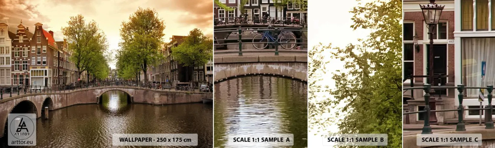 Fototapetenmuster Standard Eco - Mit dem Boot oder mit dem Fahrrad? - Stadt, Amsterdam, Bootsbrückenkanal - 100x30 cm