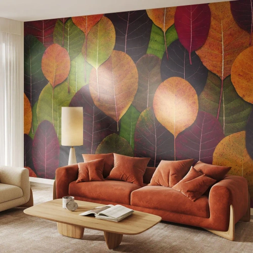 Fototapete Premium Sand - Herbstmosaik - Grafik, Bunte Blätter, Stück - 250x175 cm
