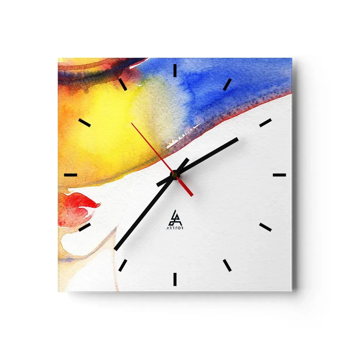 Wanduhr - Glasuhr - Ein minimalistisches Aquarellgemälde des Profils einer Frau mit einem bunten Hut. - 30x30cm - Bildnis einer Dame - Moderne Wanddekoration für Wohnzimmer und Schlafzimmer ARTTOR