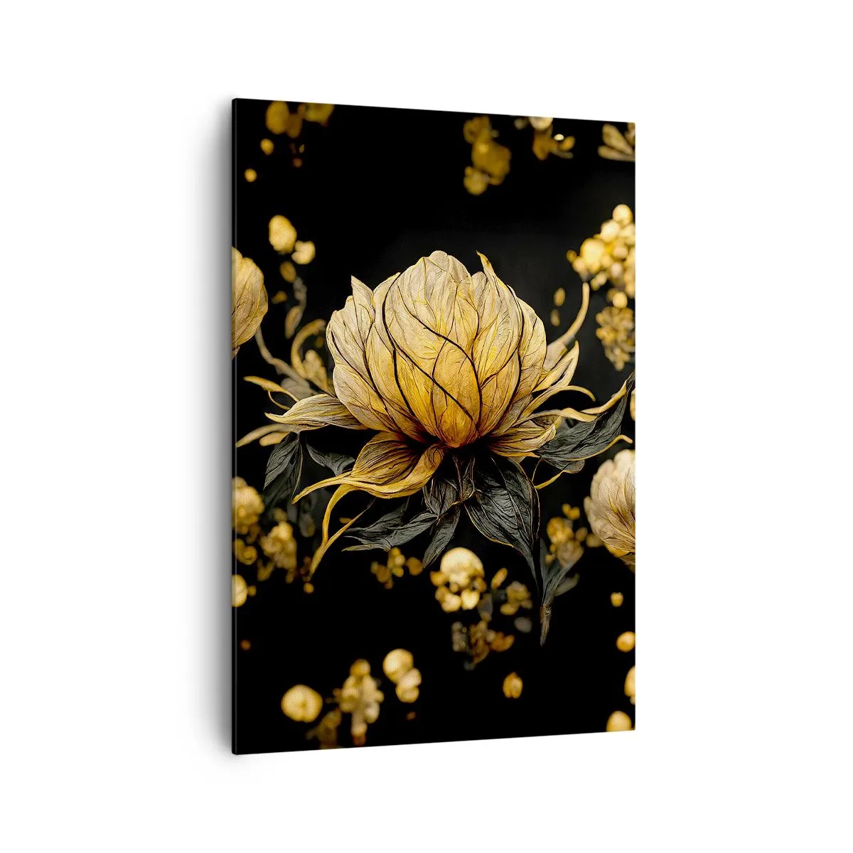 Bild auf Leinwand - Leinwandbild - Goldene Blume auf dunklem Hintergrund - 70x100cm - Subtile Zerbrechlichkeit - Moderne Wanddekoration für Wohnzimmer und Schlafzimmer ARTTOR