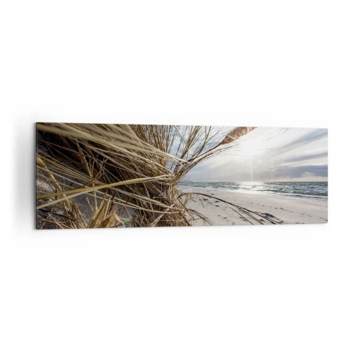 Bild auf Leinwand - Leinwandbild - Ein Strand mit trockenem Gras auf den Dünen und Blick auf das Meer - 160x50cm - Ein Treffen der Elemente der Natur - Moderne Wanddekoration für Wohnzimmer und Schlafzimmer ARTTOR