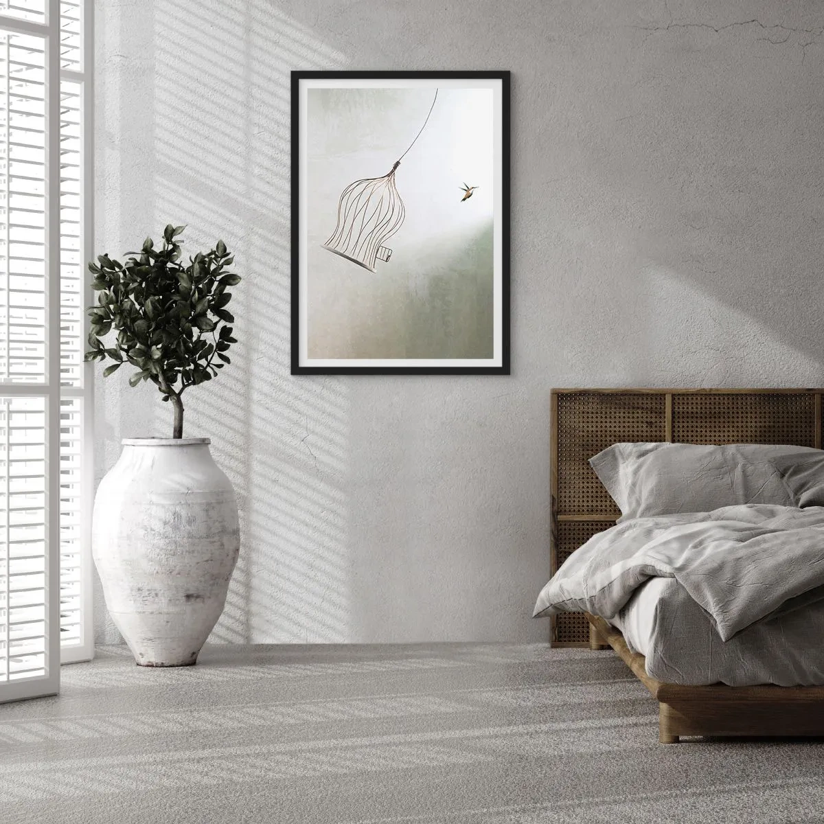 Poster in einem schwarzem Rahmen - Ein Vogel, der seinen Käfig im minimalistischen Stil verlässt. - 50x70cm - In seinem Element - Moderne Wanddekoration für Wohnzimmer und Schlafzimmer ARTTOR