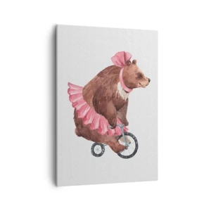 Bild auf Leinwand - Leinwandbild - Ein Teddybär im rosa Rock auf einem Fahrrad im Retro-Stil - 50x70cm - Was für ein Affentheater! - Moderne Wanddekoration für Wohnzimmer und Schlafzimmer ARTTOR