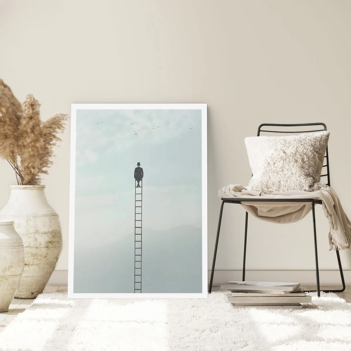 Poster - Mann auf einer Leiter, der in den Himmel schaut - 50x70cm - Erhebe dich darüber! - Moderne Wanddekoration für Wohnzimmer und Schlafzimmer ARTTOR