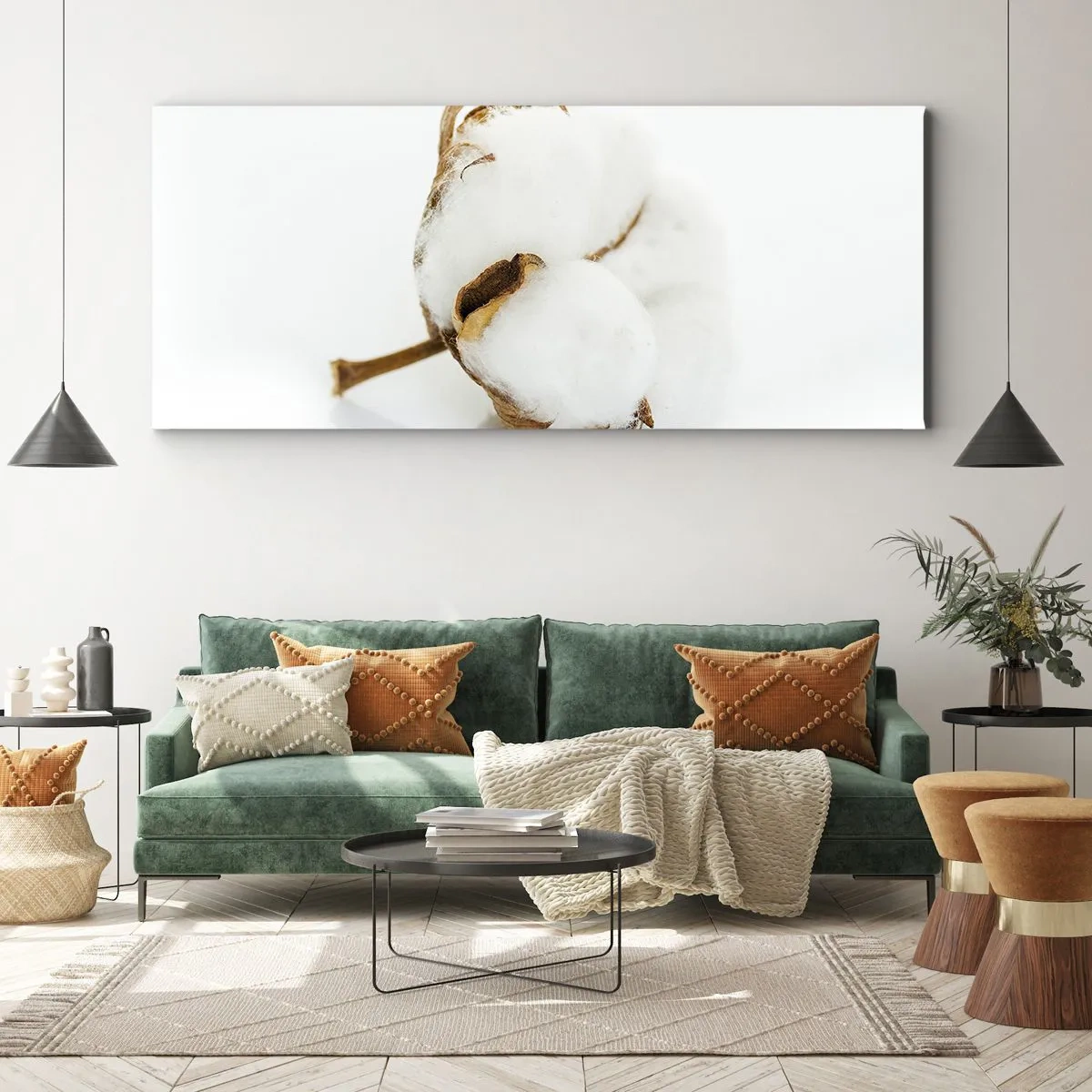 Bild auf Leinwand - Leinwandbild - Ein Baumwollzweig auf hellem Hintergrund in minimalistischem Ansatz - 140x50cm - Von Natur aus weich - Moderne Wanddekoration für Wohnzimmer und Schlafzimmer ARTTOR