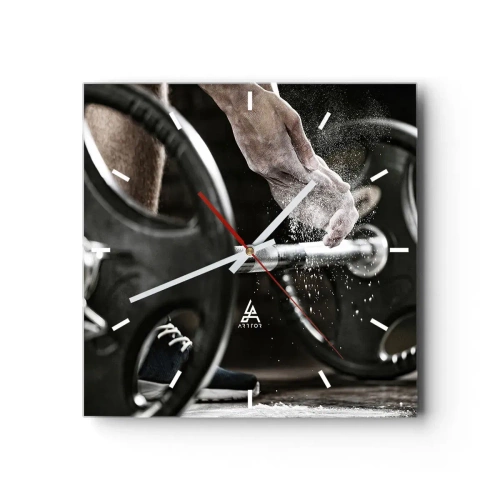 Wanduhr - Glasuhr - Hanteln und die Hände eines Sportlers bereiten sich auf das Training vor - 30x30cm - Herausforderung angenommen! - Moderne Wanddekoration für Wohnzimmer und Schlafzimmer ARTTOR