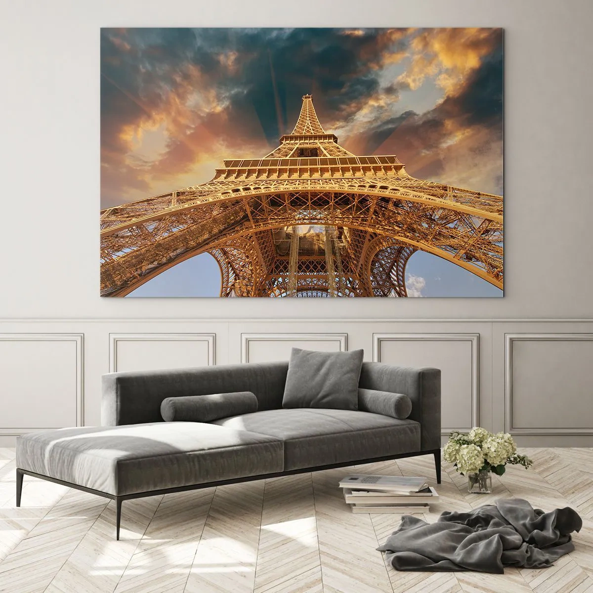 Glasbild - Bild auf glas - Der Eiffelturm aus der Froschperspektive - 120x80cm - Wie die Menschheit den Himmel erreichte - Moderne Wanddekoration für Wohnzimmer und Schlafzimmer ARTTOR