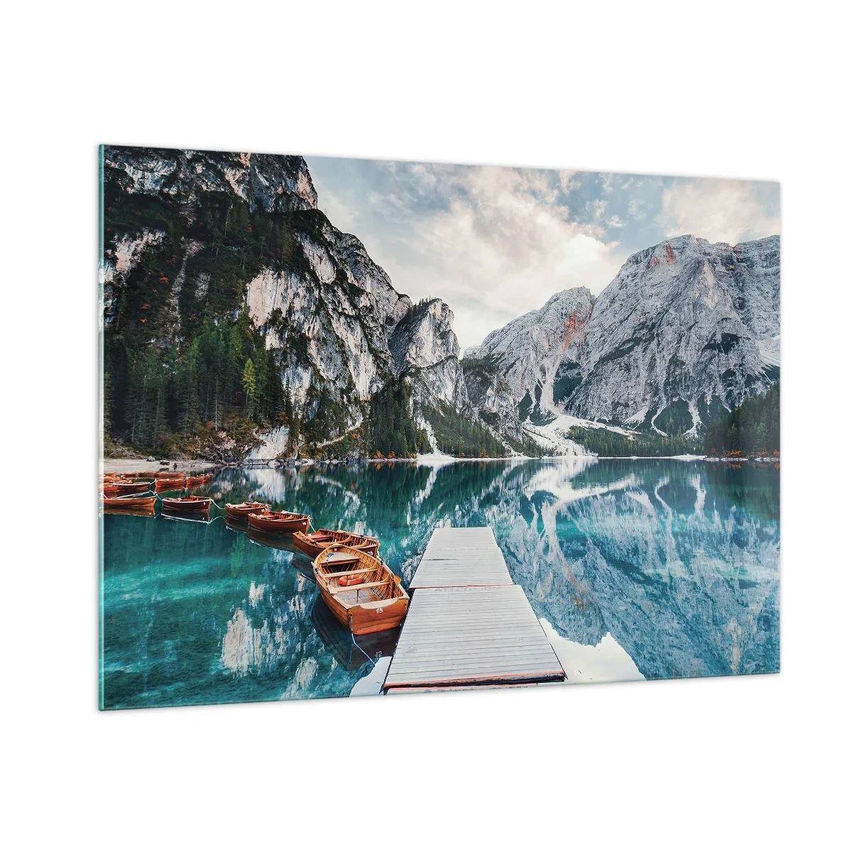 Glasbild - Bild auf glas - Eine Holzbrücke über einen türkisfarbenen See in den Bergen - 100x70cm - Wir zeigen Ihnen Schönheit - Moderne Wanddekoration für Wohnzimmer und Schlafzimmer ARTTOR