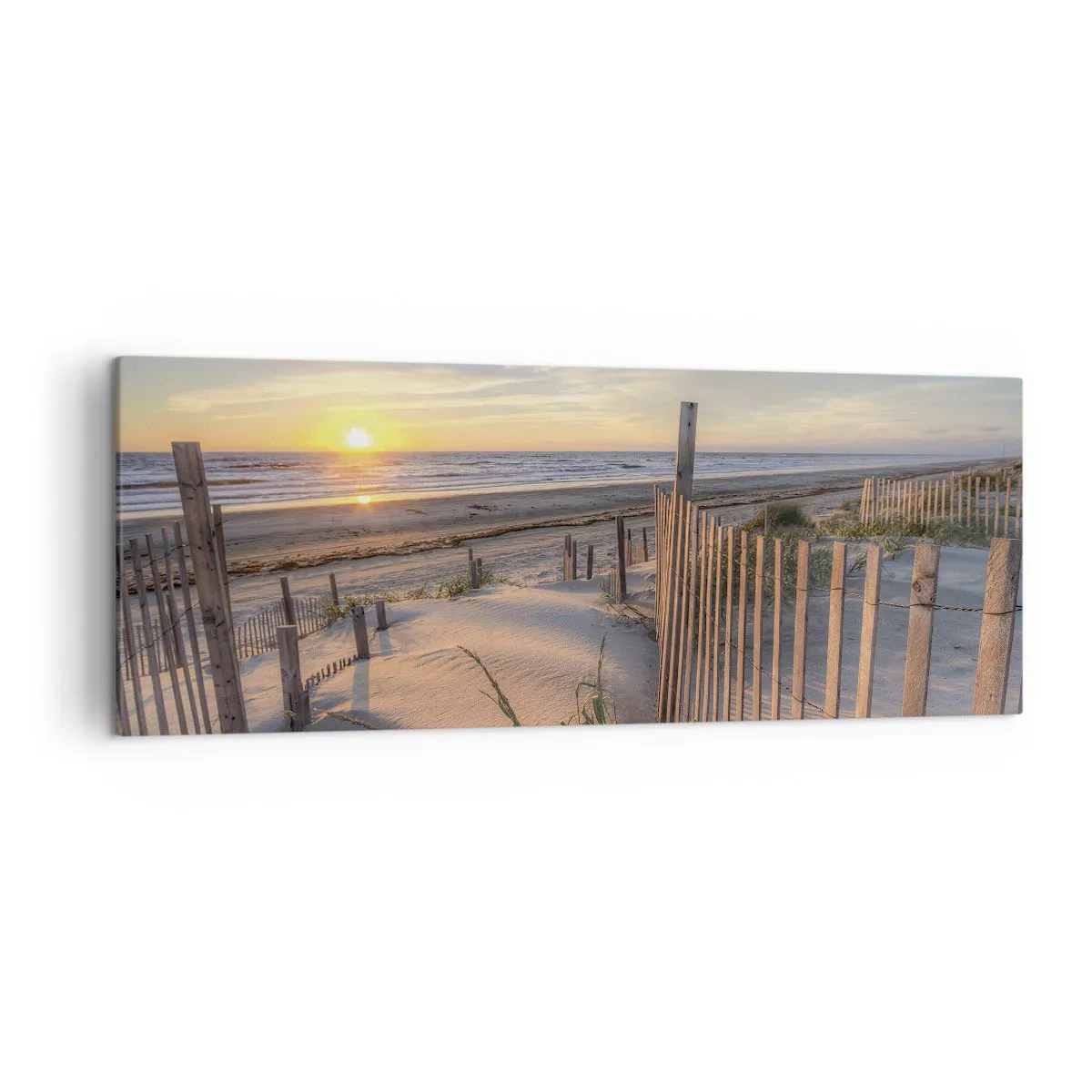 Bild auf Leinwand - Leinwandbild - Sonnenuntergangsstrand mit Holzzaun - 140x50cm - Schein und Schatten des Windes - Moderne Wanddekoration für Wohnzimmer und Schlafzimmer ARTTOR