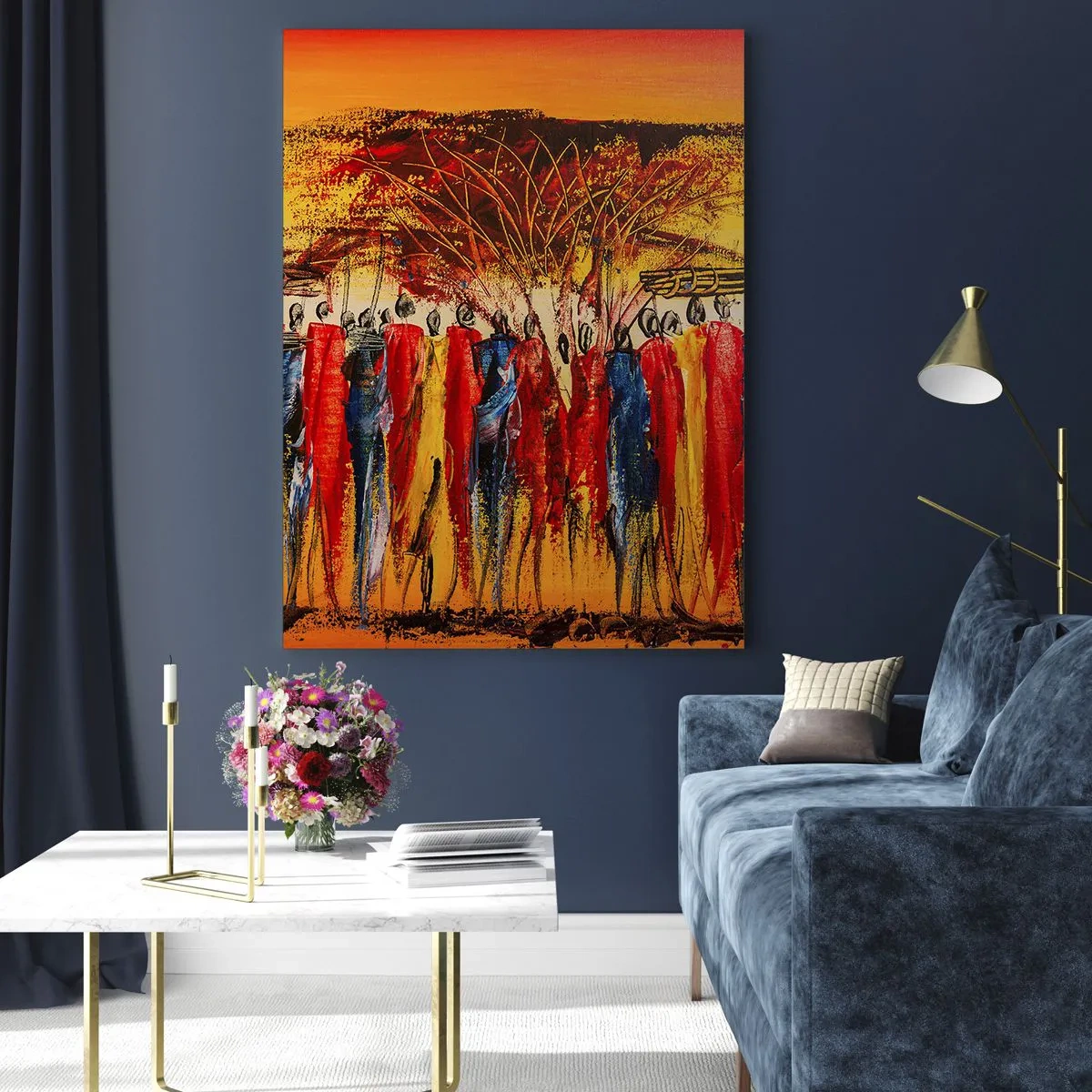 Glasbild - Bild auf glas - Eine farbenfrohe Szene mit Menschen in traditionellen afrikanischen Kostümen - 50x70cm - Dort, dort, dort gehen sie - Moderne Wanddekoration für Wohnzimmer und Schlafzimmer ARTTOR