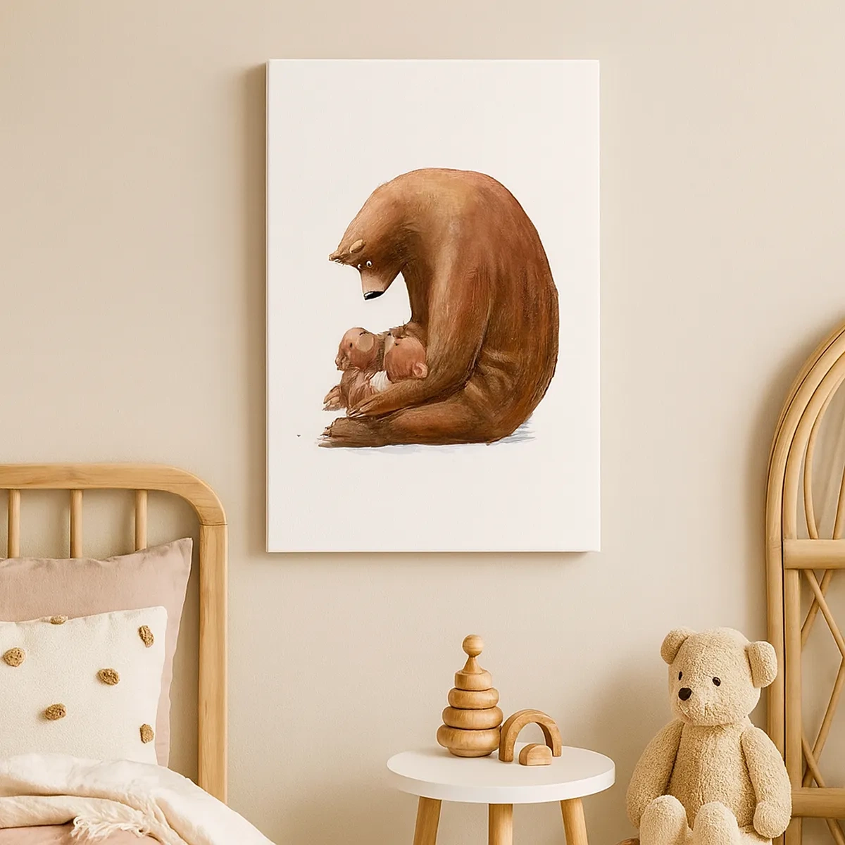 Bild auf Leinwand - Leinwandbild - Eine Bärenmutter mit zwei kleinen Bären im Arm - 50x70cm - Süße Träume, Kinder - Moderne Wanddekoration für Wohnzimmer und Schlafzimmer ARTTOR