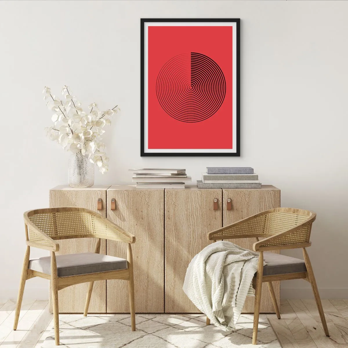 Poster in einem schwarzem Rahmen - Geometrische Spirale auf rotem Hintergrund im minimalistischen Stil - 50x70cm - Kreisbewegung - Moderne Wanddekoration für Wohnzimmer und Schlafzimmer ARTTOR