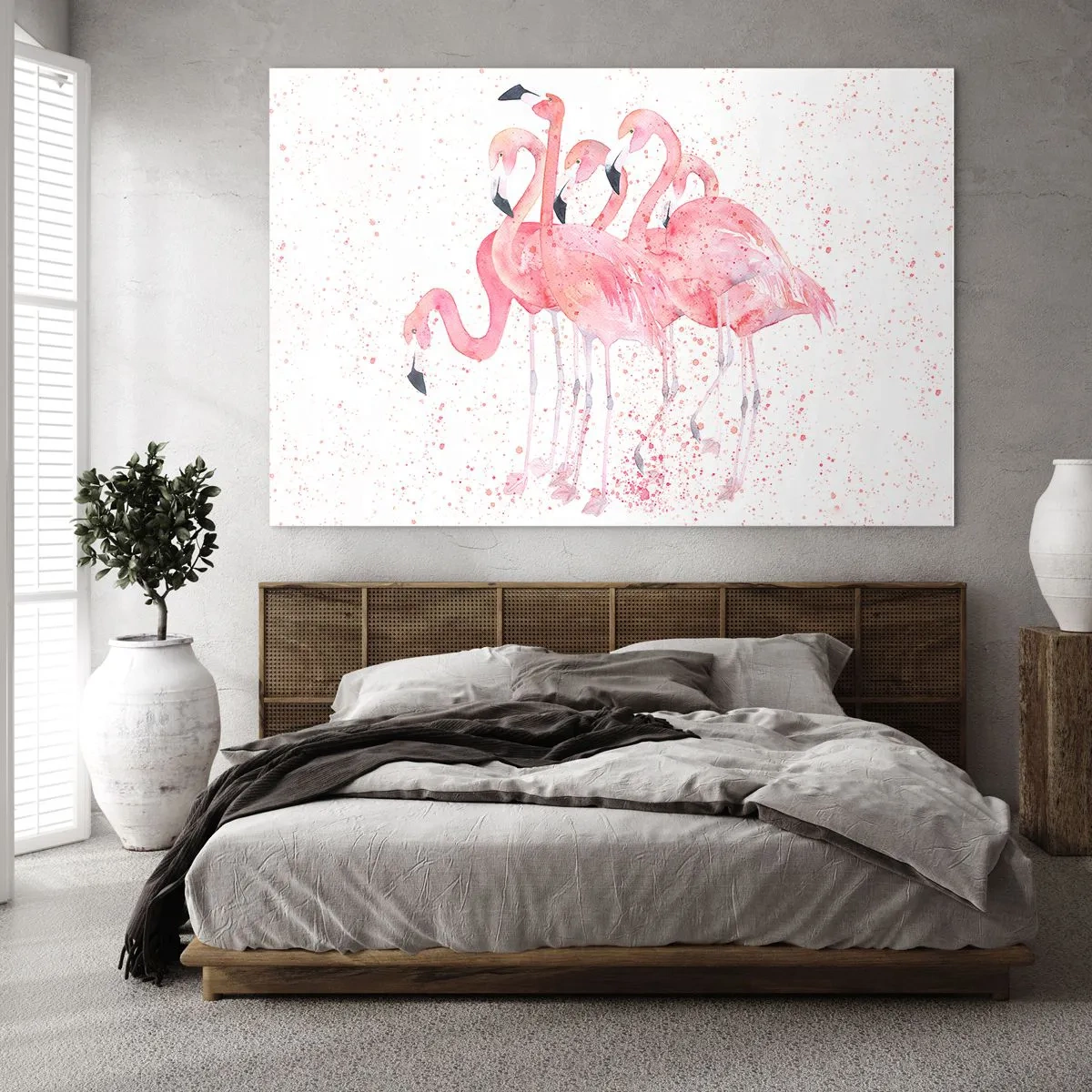 Glasbild - Bild auf glas - Aquarell-Flamingos auf hellem Hintergrund mit zarten Flecken - 100x70cm - Rosa Ensemble - Moderne Wanddekoration für Wohnzimmer und Schlafzimmer ARTTOR