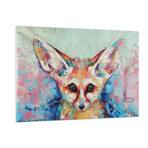 Glasbild - Bild auf glas - Farbenfrohes Porträt eines Fuchses mit ausdrucksstarken Augen und kräftigen Pinselstrichen - 120x80cm - Bist du bereit für mich? - Moderne Wanddekoration für Wohnzimmer und Schlafzimmer ARTTOR