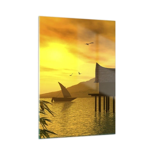 Glasbild - Bild auf glas - Sonnenuntergang über dem See mit einem Haus auf Stelzen - 50x70cm - Der ersehnte Frieden - Moderne Wanddekoration für Wohnzimmer und Schlafzimmer ARTTOR