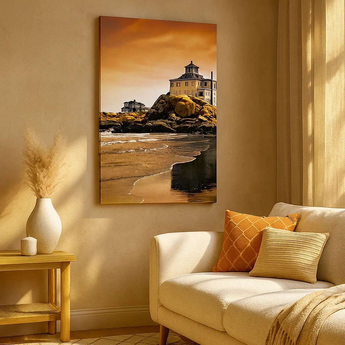 Bild auf Leinwand - Leinwandbild - Ein Haus auf einem Felsen am Strand bei Sonnenuntergang mit seiner Spiegelung im Wasser - 50x70cm - Eleganz der Westküste - Moderne Wanddekoration für Wohnzimmer und Schlafzimmer ARTTOR