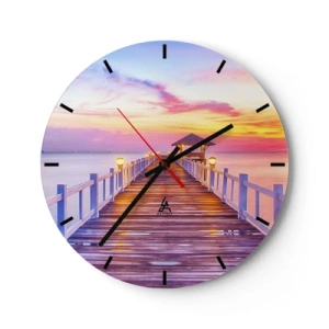 Wanduhr - Glasuhr - Ein Pier am Meer mit einem Pavillon, der von den warmen Farben des Sonnenuntergangs beleuchtet wird - 30x30cm - Die lila-goldene Stille des Abends - Moderne Wanddekoration für Wohnzimmer, Küche und Schlafzimmer ARTTOR